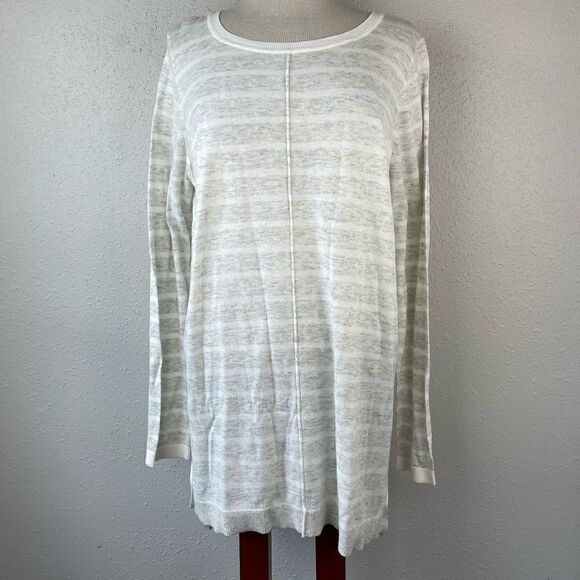 EUC Loft Womens Wool Mix Gray and White Stripped Crew Neck Sweater Size L - Picture 1 of 6